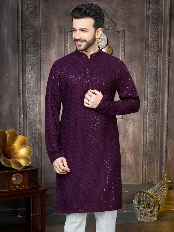 Wine georgette sequins kurta suit for men