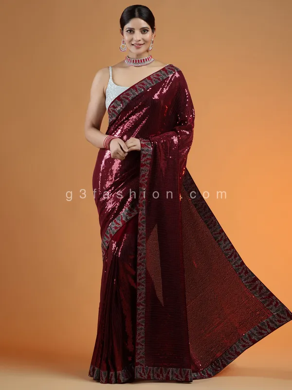 Wine hue party events sequins saree for women