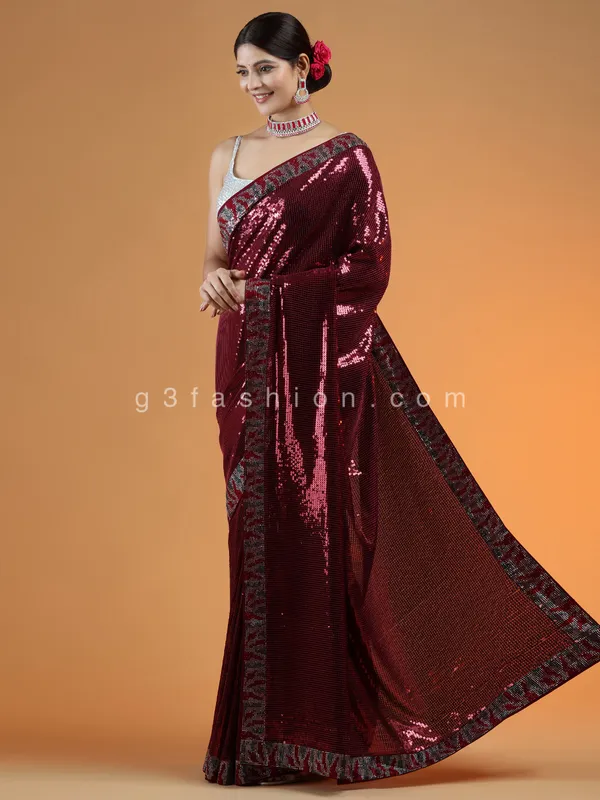 Wine hue party events sequins saree for women