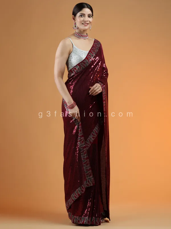 Wine hue party events sequins saree for women