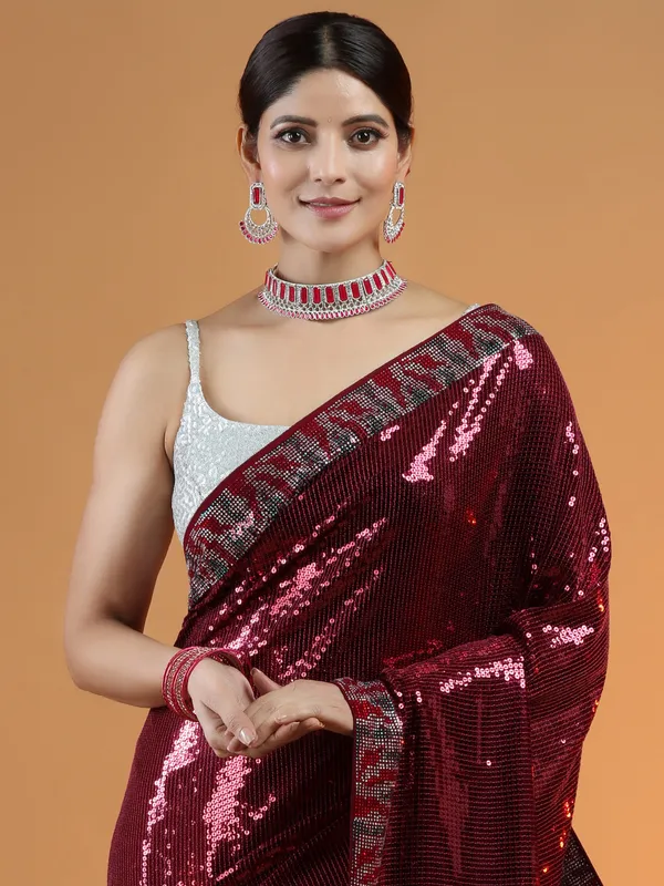 Wine hue party events sequins saree for women