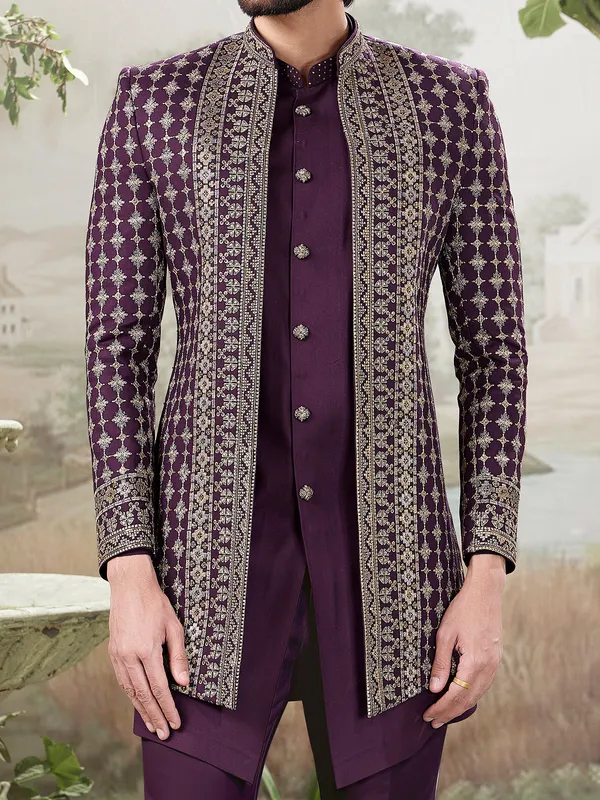 Wine indo western with stones and zari work