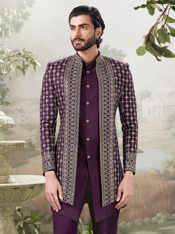 Wine indo western with stones and zari work