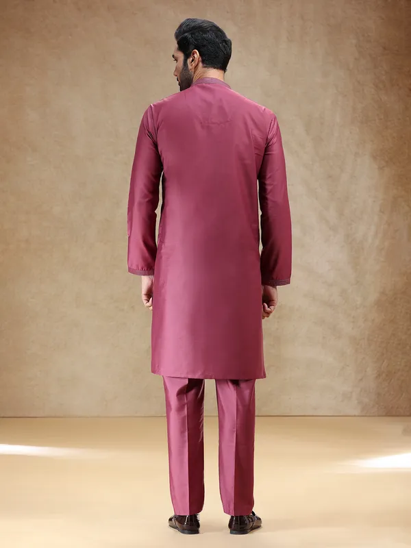 Wine men cotton silk kurta pajama