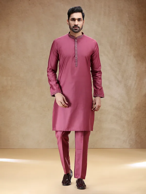 Wine men cotton silk kurta pajama