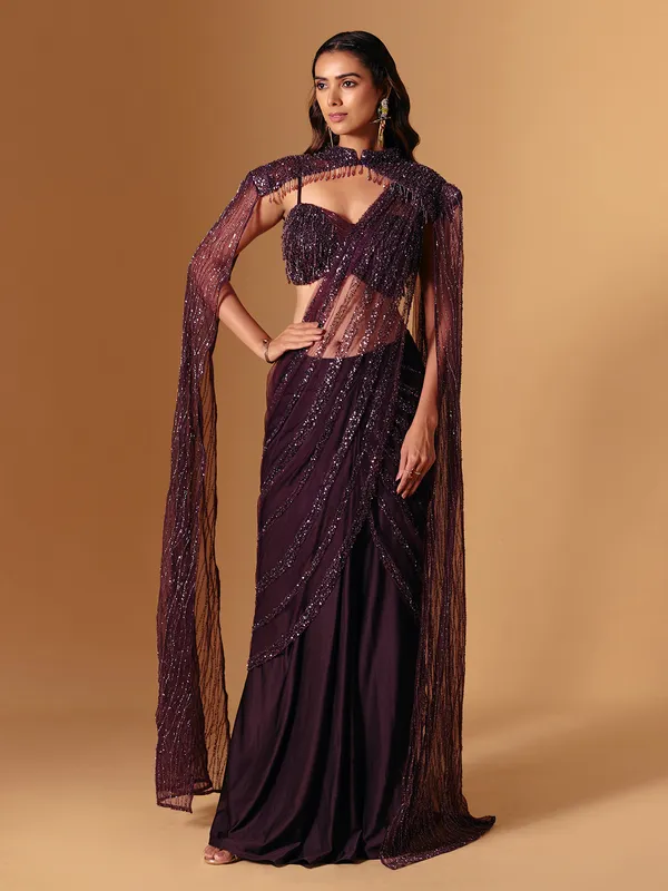 Wine net designer ready to wear saree