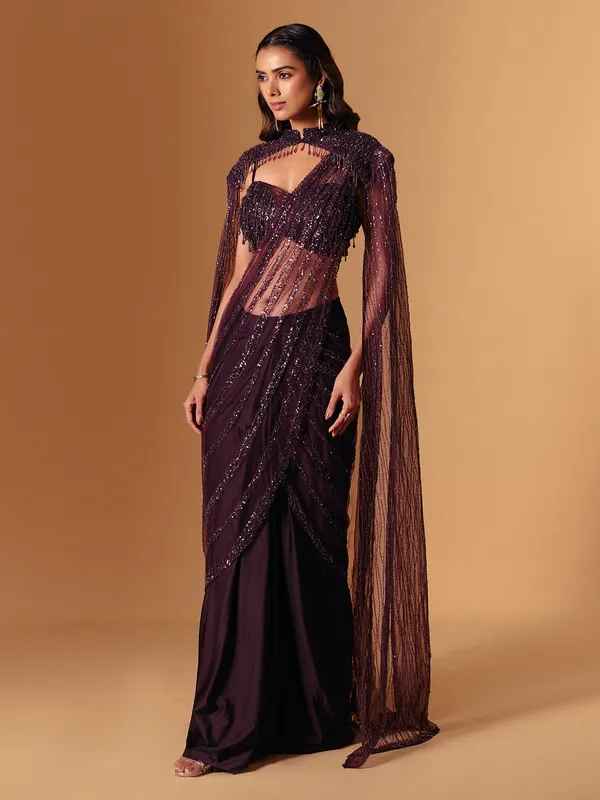 Wine net designer ready to wear saree