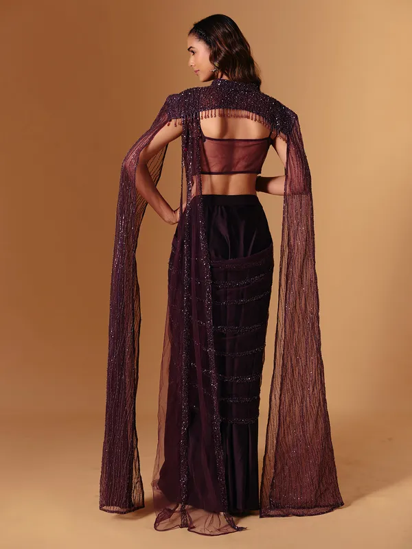 Wine net designer ready to wear saree