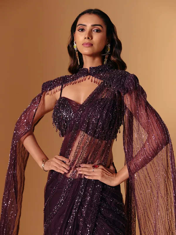 Wine net designer ready to wear saree