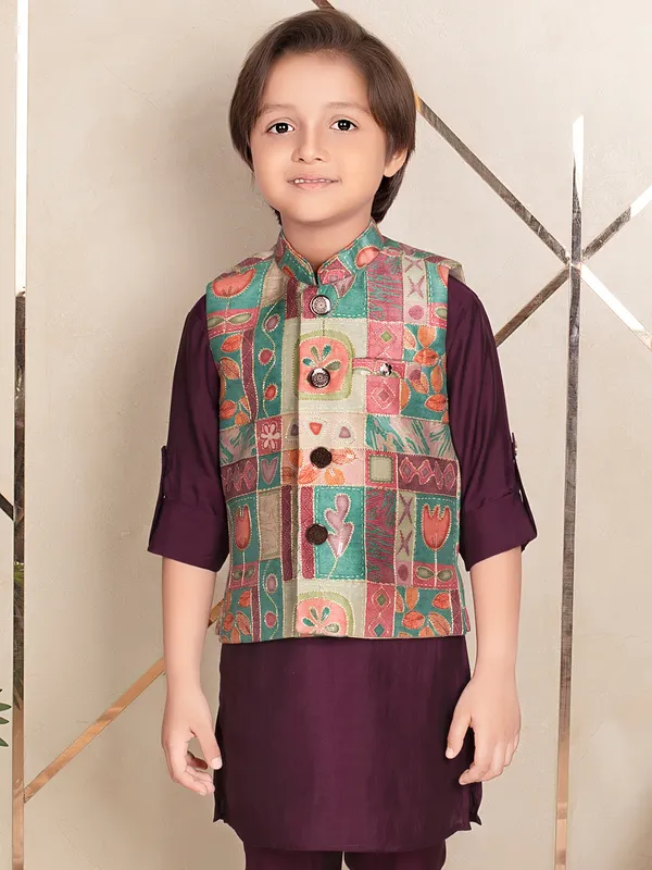 Wine newest silk festive wear waistcoat set for boys