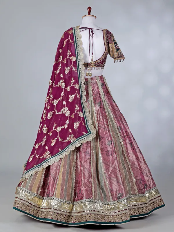 Wine organza silk printed lehenga choli with dupatta