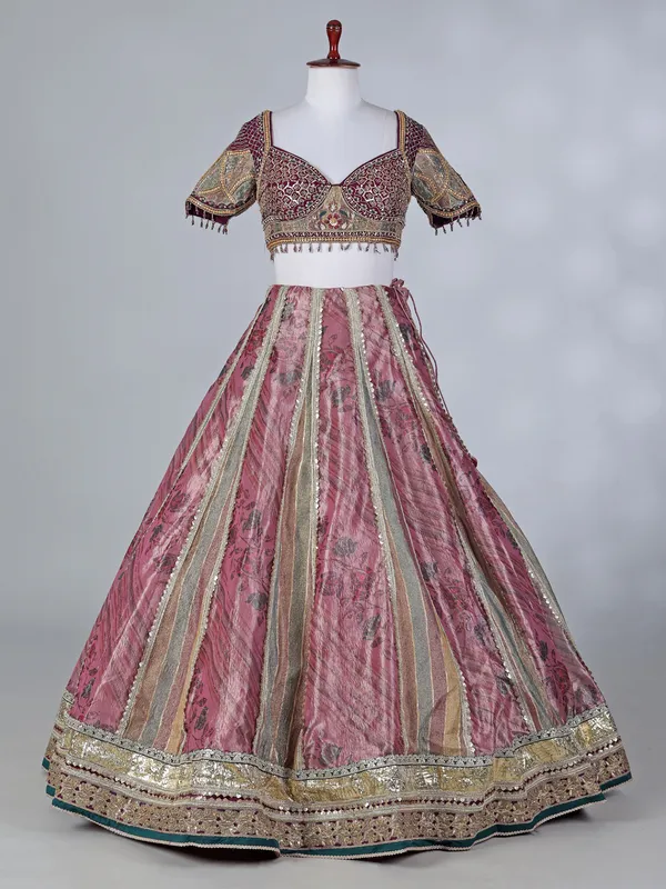 Wine organza silk printed lehenga choli with dupatta