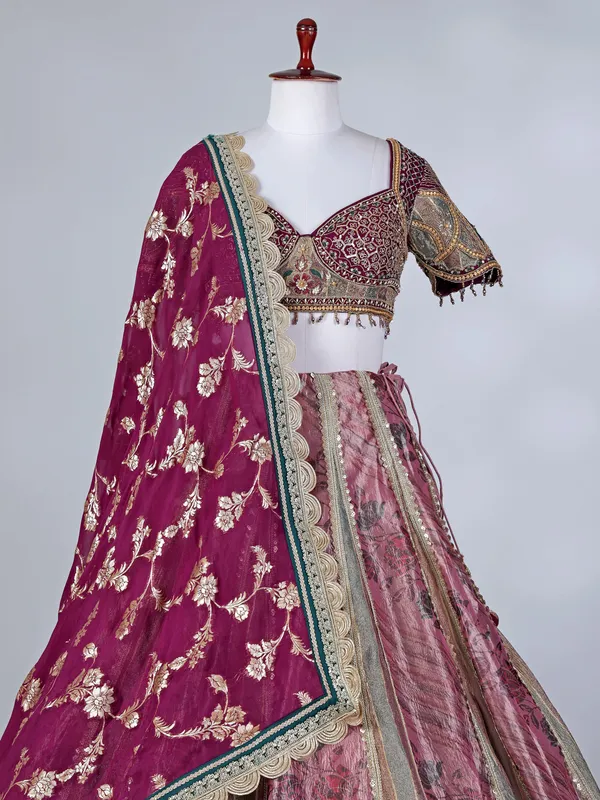 Wine organza silk printed lehenga choli with dupatta