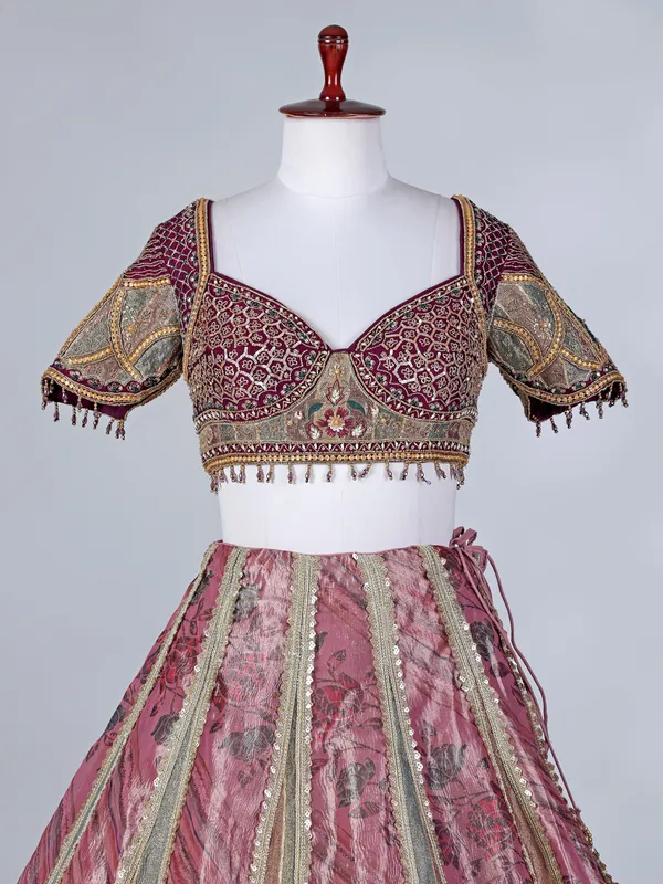 Wine organza silk printed lehenga choli with dupatta
