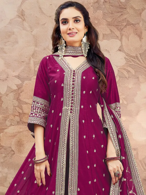 Wine pakistani silk palazzo suit with resham work