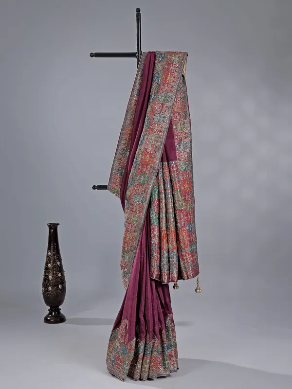Wine pashmina silk saree for wedding events