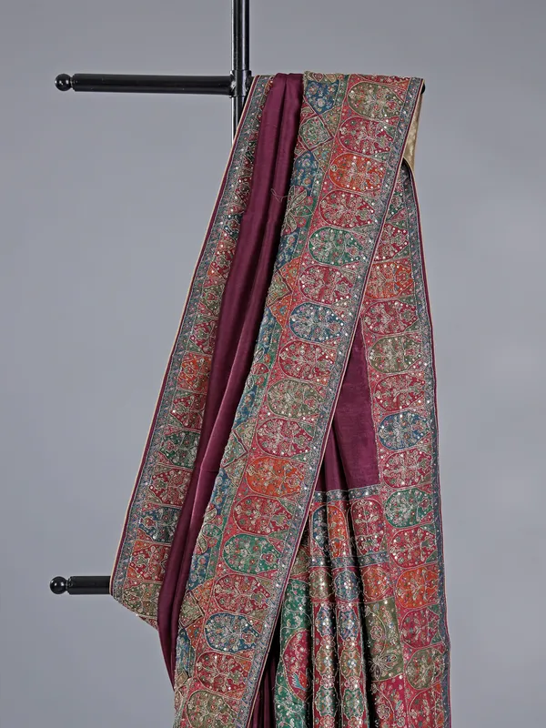Wine pashmina silk saree for wedding events