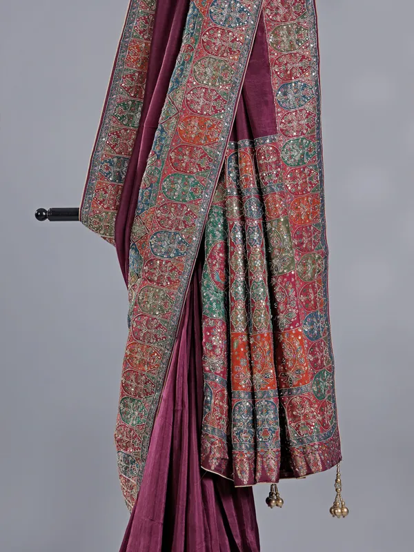 Wine pashmina silk saree for wedding events