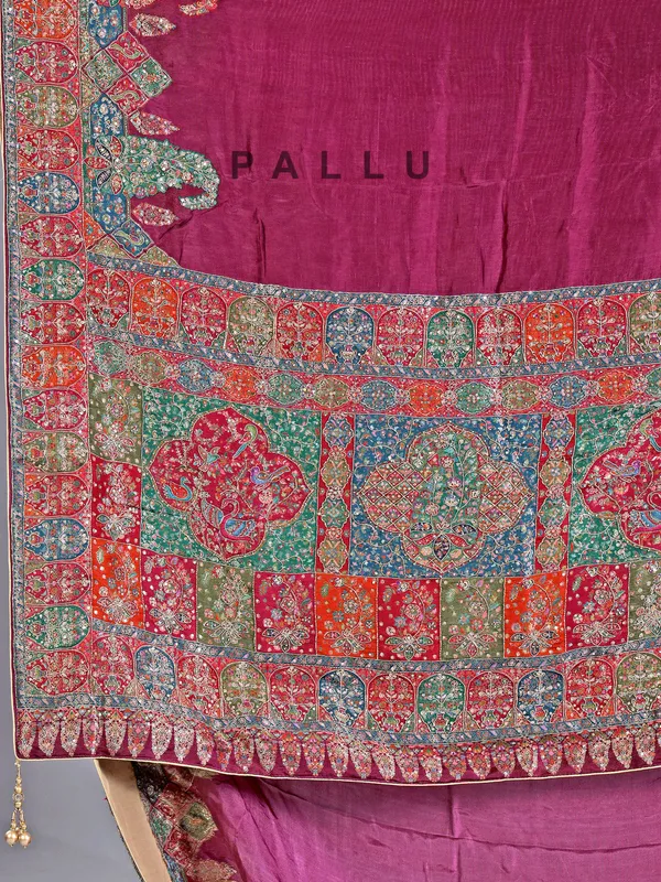 Wine pashmina silk saree for wedding events