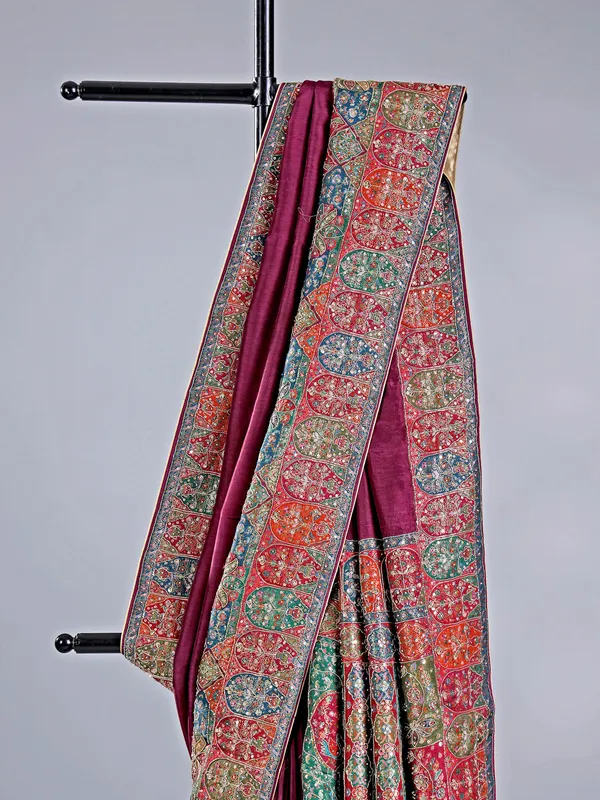 Wine pashmina silk saree for wedding events