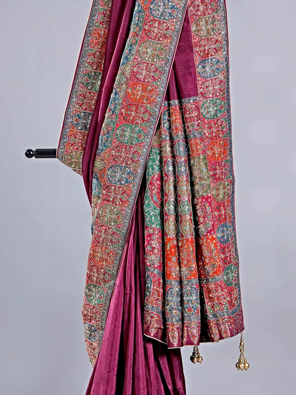 Wine pashmina silk saree for wedding events
