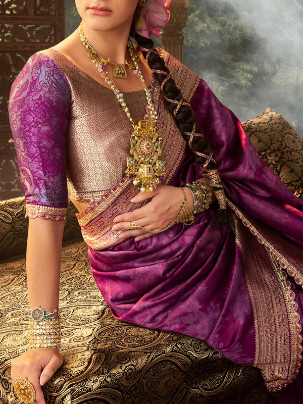 Wine printed banarasi silk saree