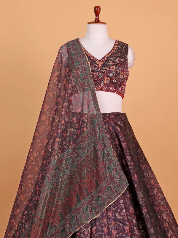 Wine printed lehenga choli in soft orgenza