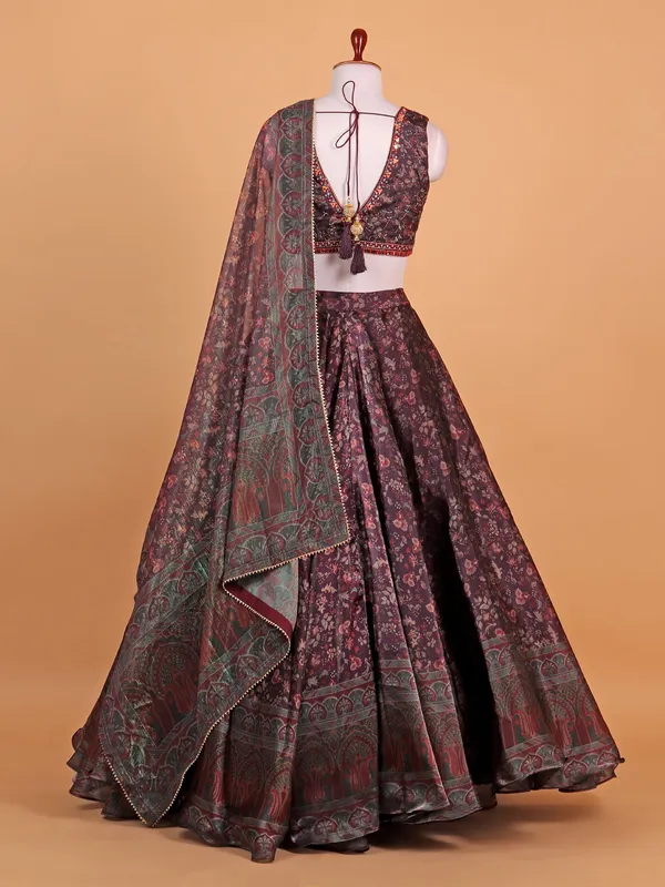 Wine printed lehenga choli in soft orgenza