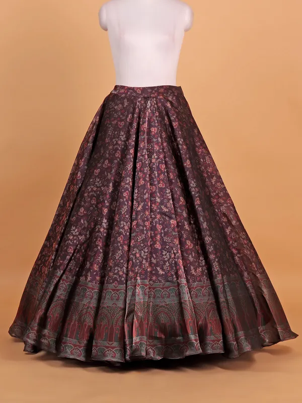 Wine printed lehenga choli in soft orgenza