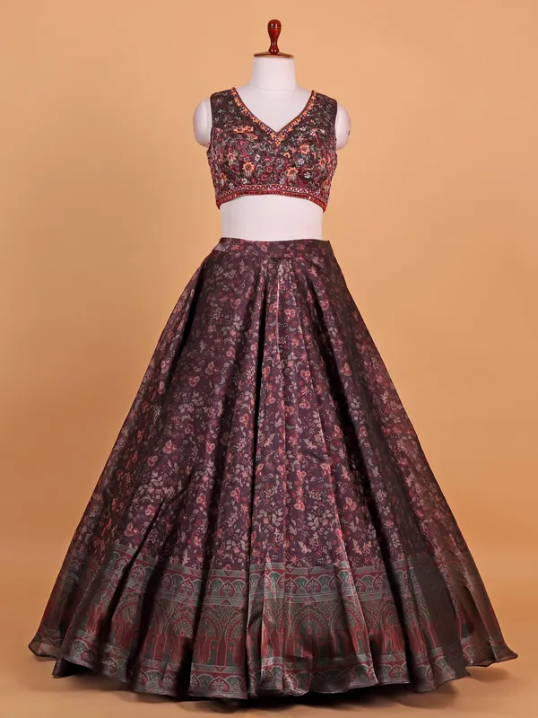 Wine printed lehenga choli in soft orgenza