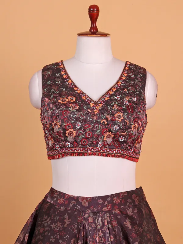 Wine printed lehenga choli in soft orgenza