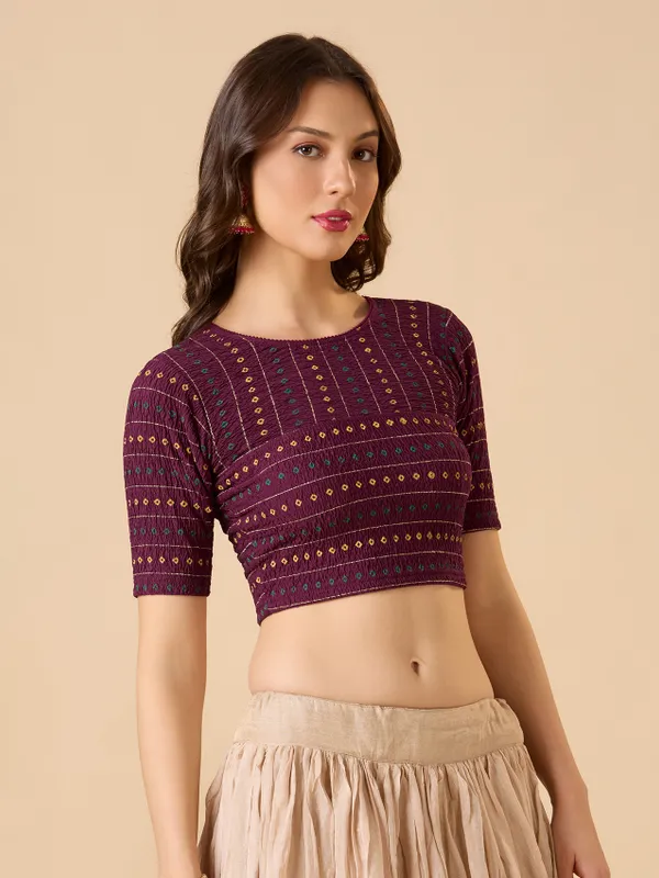 Wine printed lycra ready made blouse with round neck