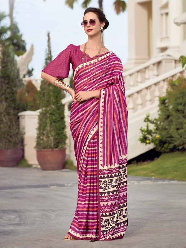 Wine printed saree in malmal silk