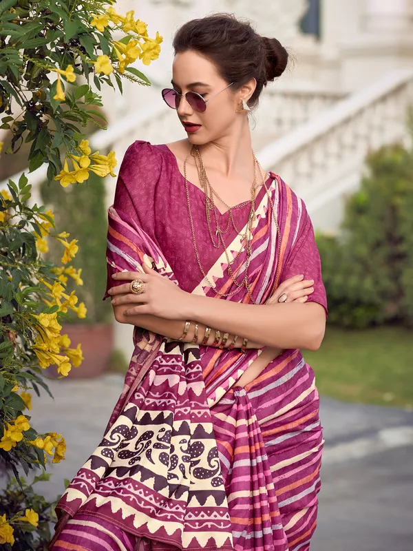 Wine printed saree in malmal silk