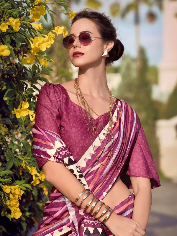 Wine printed saree in malmal silk