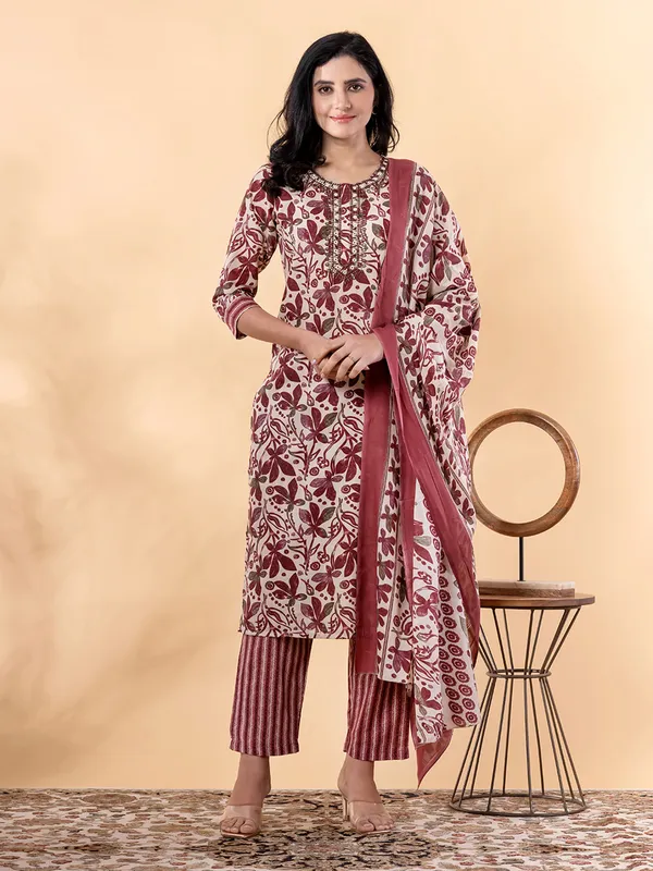 Wine printed silk kurti set for festival