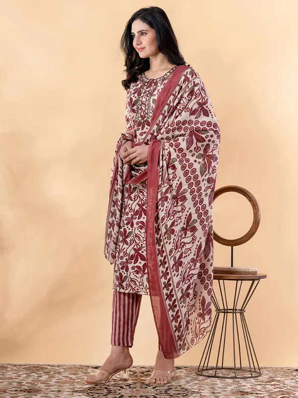 Wine printed silk kurti set for festival