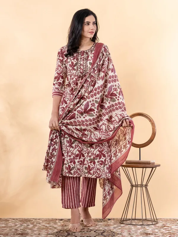 Wine printed silk kurti set for festival