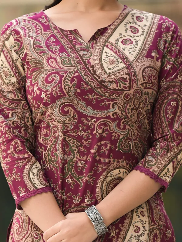 Wine printed silk kurti set for women