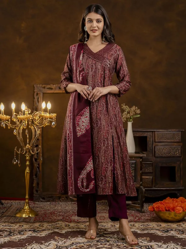 Wine printed silk kurti set with dupatta
