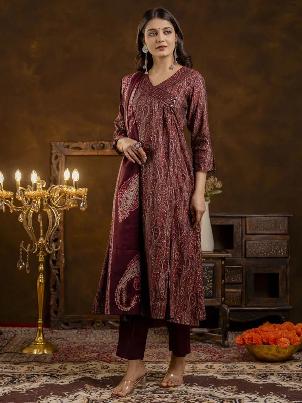 Wine printed silk kurti set with dupatta