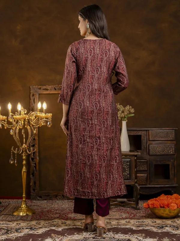 Wine printed silk kurti set with dupatta