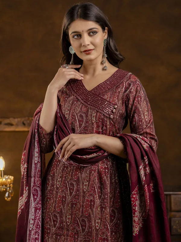 Wine printed silk kurti set with dupatta