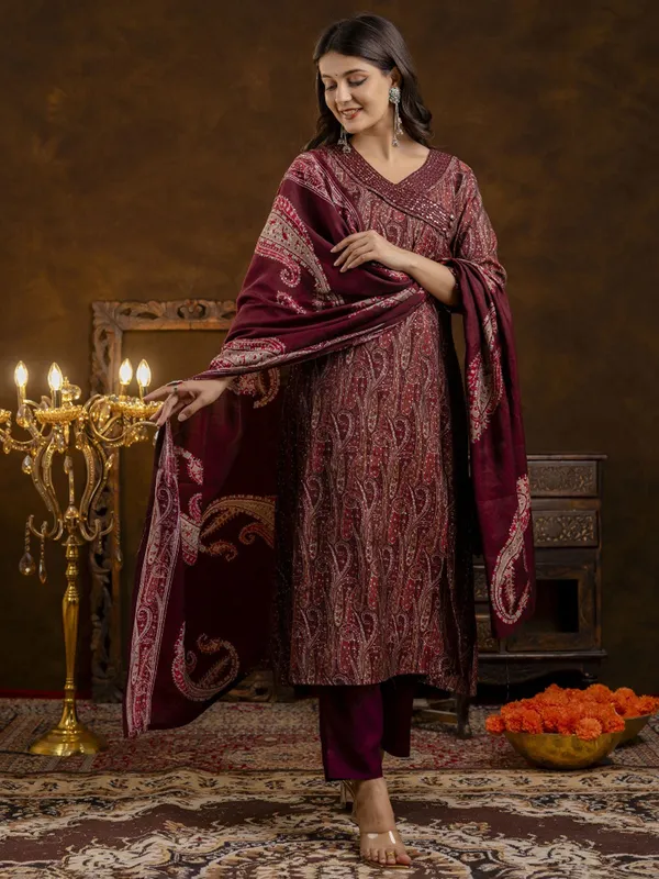 Wine printed silk kurti set with dupatta