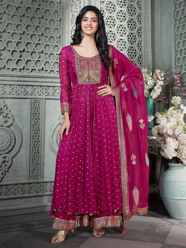 Wine printed silk palazzo suit with dupatta