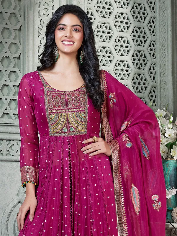 Wine printed silk palazzo suit with dupatta