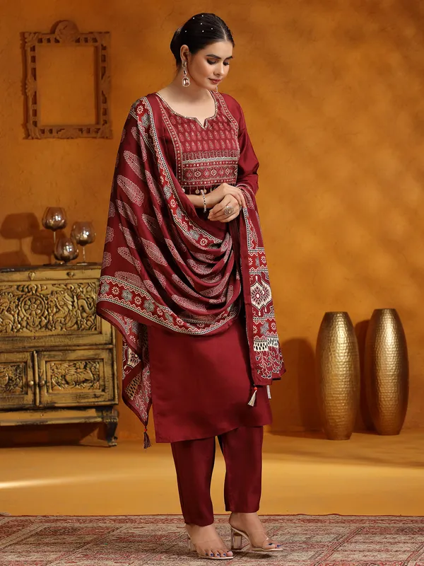 Wine printed silk salwar suit for festive