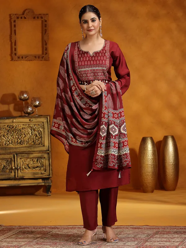 Wine printed silk salwar suit for festive