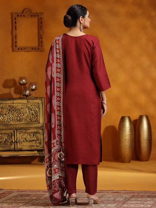 Wine printed silk salwar suit for festive