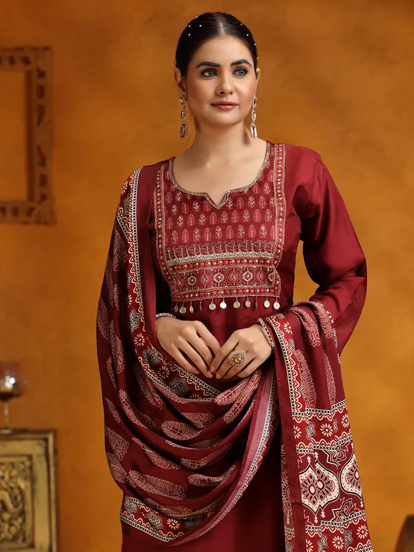 Wine printed silk salwar suit for festive